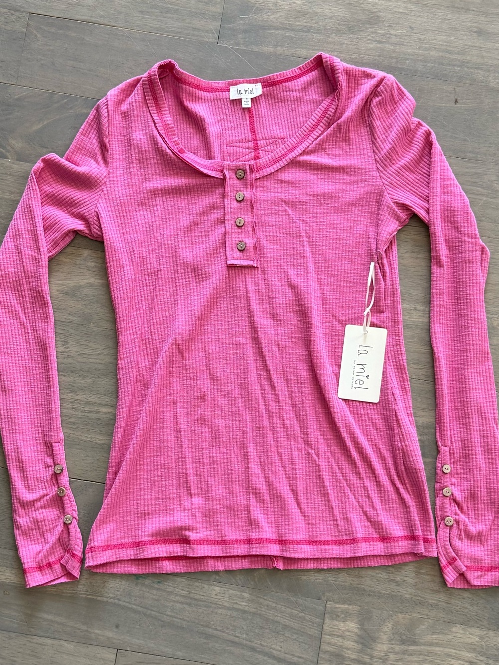 LA MIEL Pink Waffle-Knit Long Sleeve Henley
